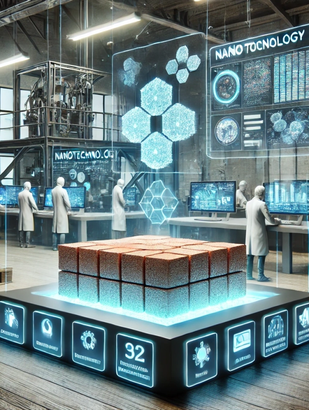 DALL·E 2024-11-24 09.55.59 - A cutting-edge laboratory scene showing the integration of nanotechnology in the manufacturing of recycled bricks. The focus is on scientists and adva